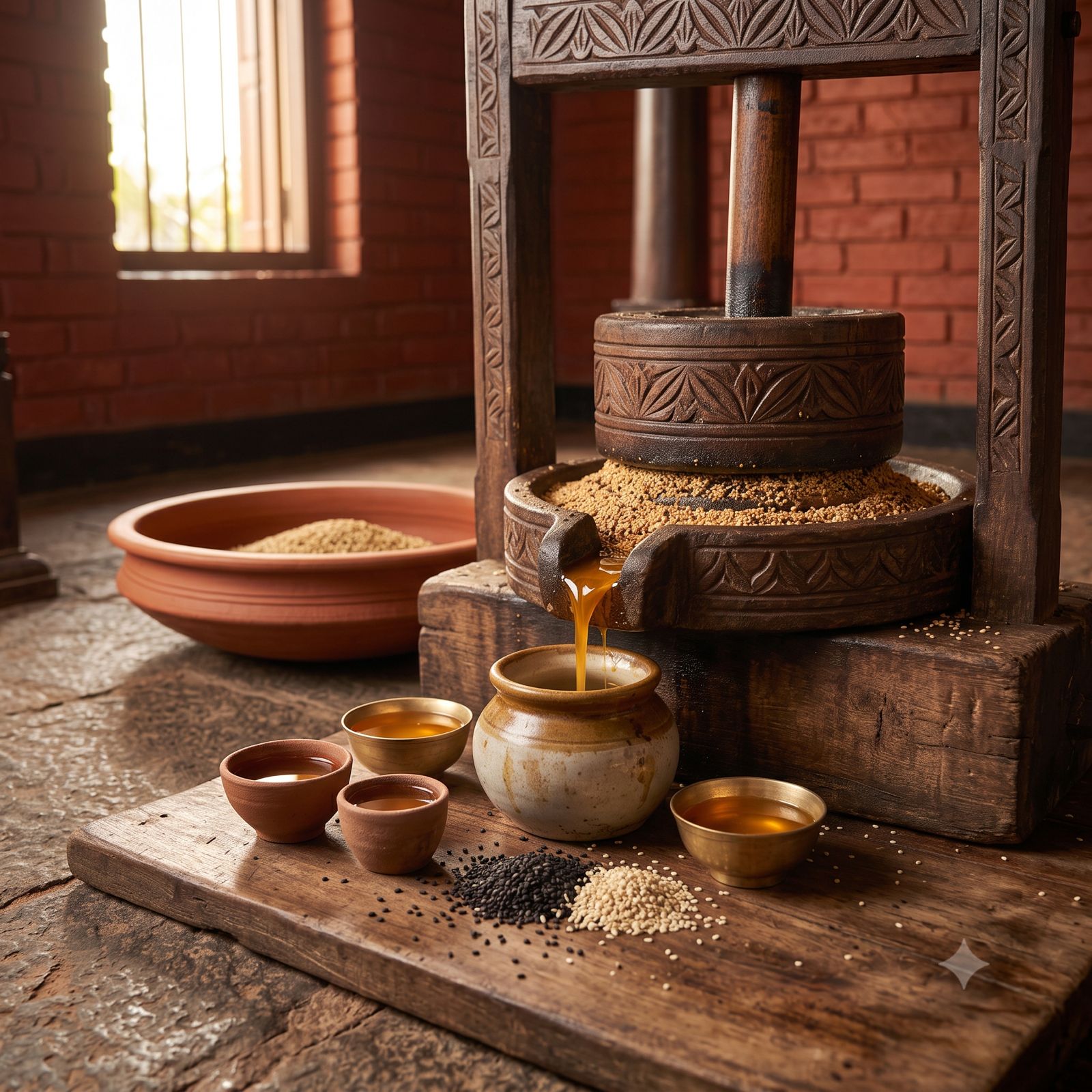 ശുദ്ധമായ എള്ളെണ്ണ — traditional sesame oil extraction